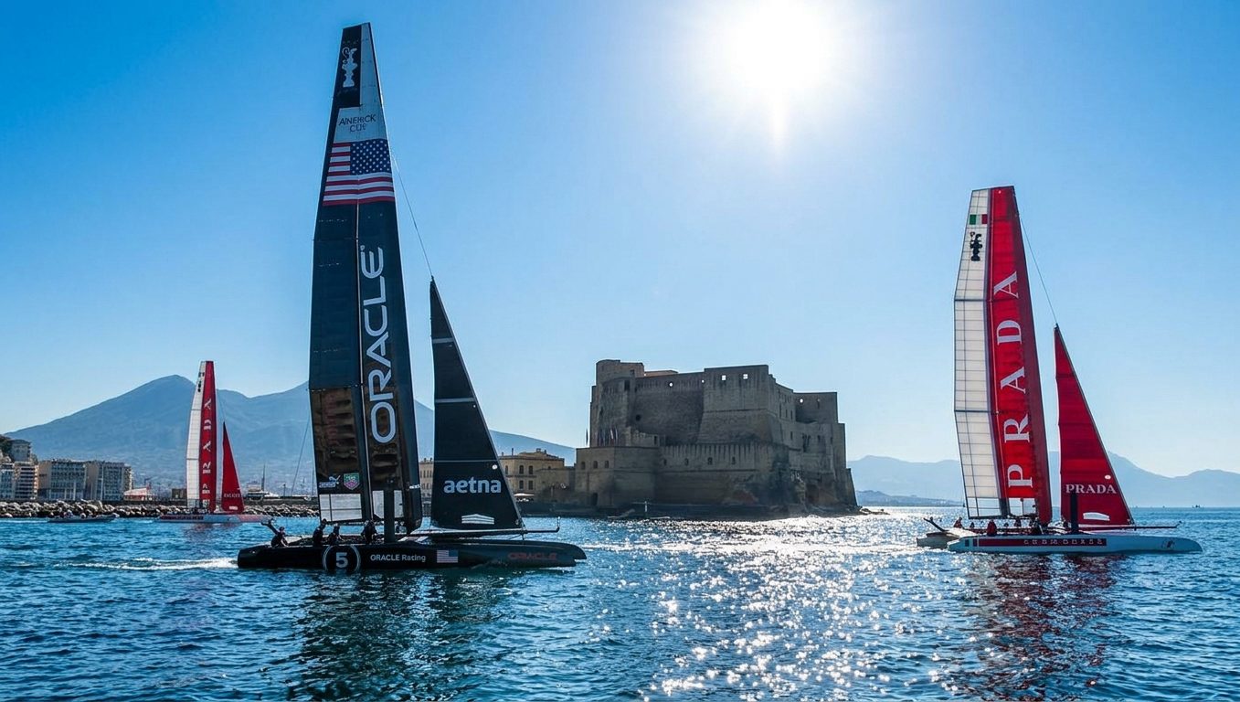 Regate dell'America's Cup nel Golfo di Napoli davanti a Castel dell'Ovo, con il Vesuvio sullo sfondo